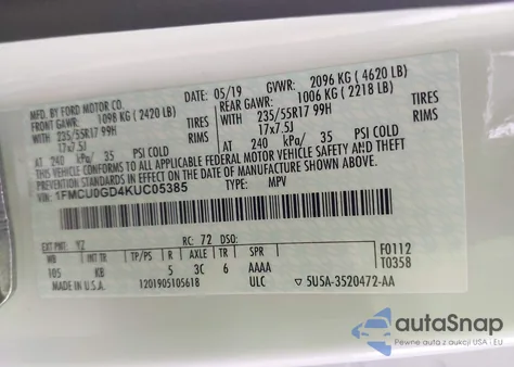 2019 Ford Escape Se из США, поврежденный, VIN 1FMCU0GD4KUC05385